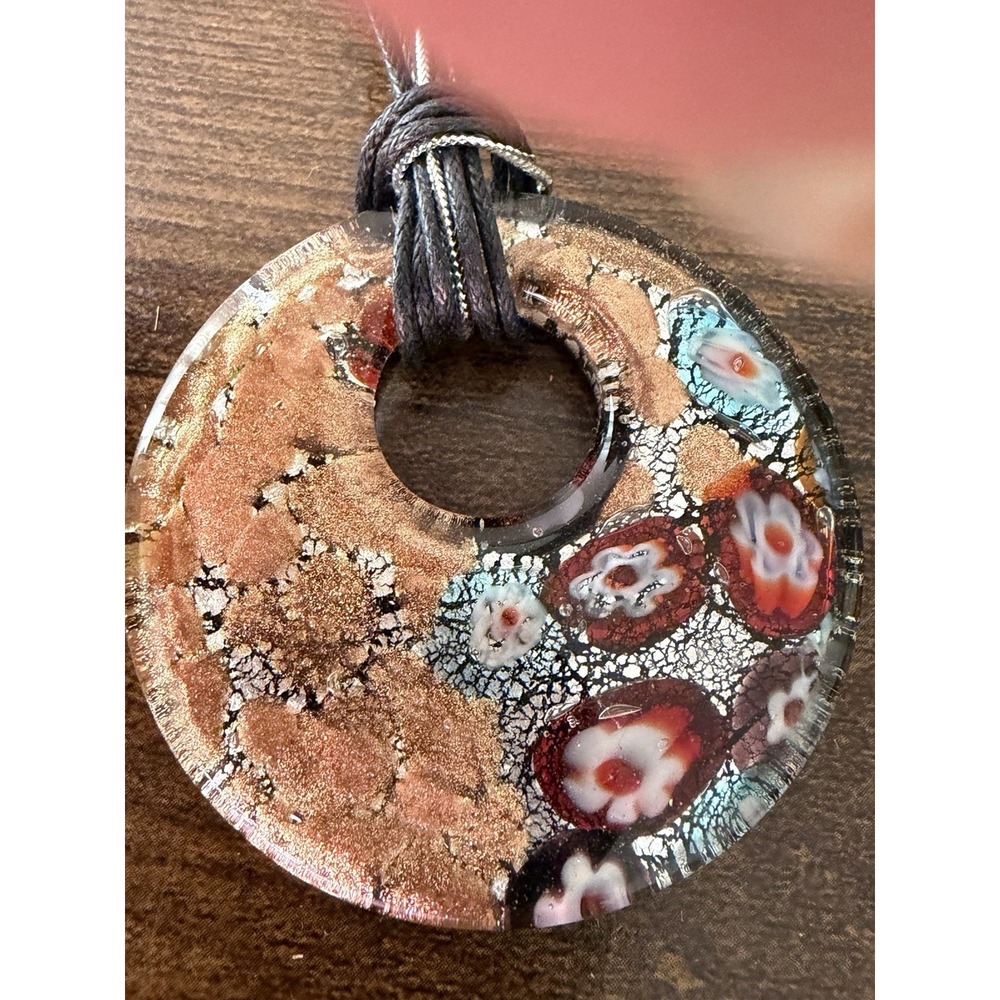 Italian Murano Style Millefiori Glass Pendant Gold Aventurine Necklace 2"‎ - Picture 5 of 8